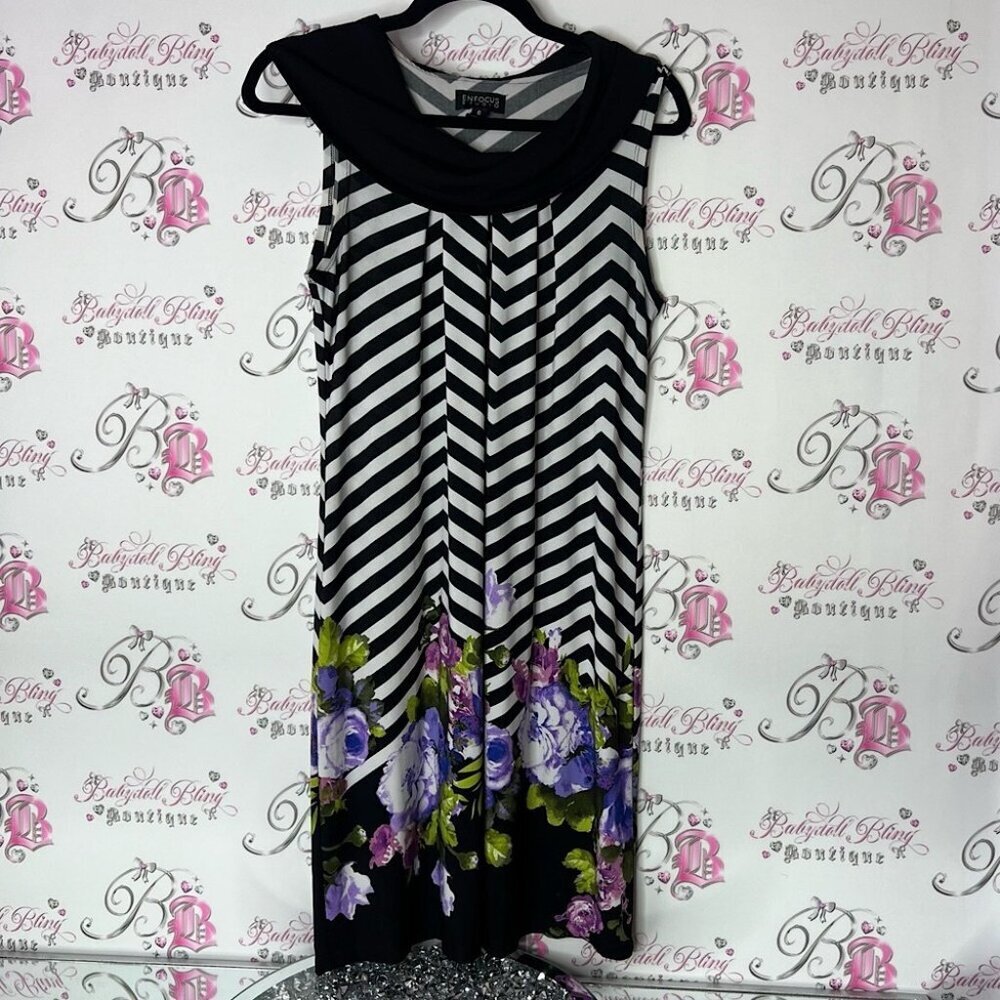 Enfocus Studio Black White stripe floral Sheath Dress Sleeveless Cowl Neck